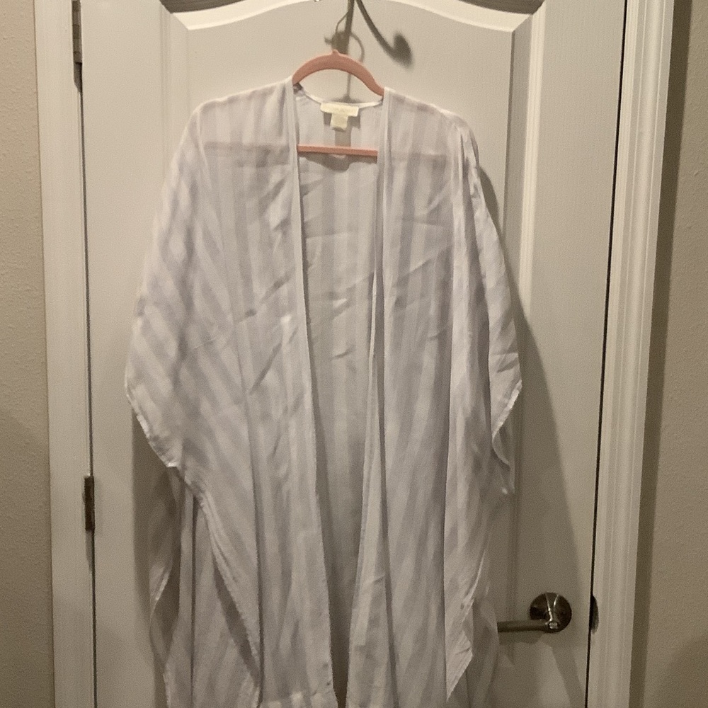 Lightweight White Misses/Ladies Striped Cotton Open Front Tunic